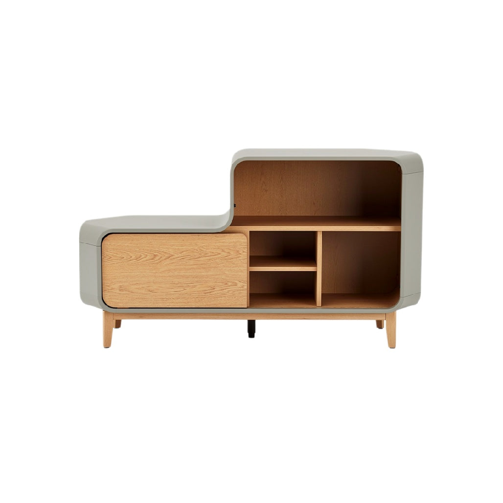 **Nowoczesna szafka z drewna i materiału, minimalistyczny design**